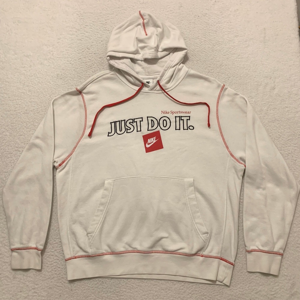 Nike Sportswear Just Do It Hoodie Mens L White Red Contrast Stitch DD6223-101